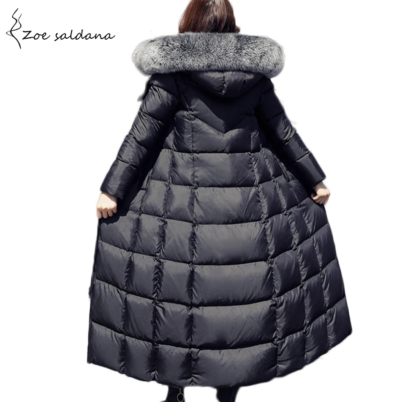 Zoe Saldana 2019 New Women Winter Jackets Real Fur Thickening X-Long Warm Parka Outwear Hooded Duck Down Winter Coat