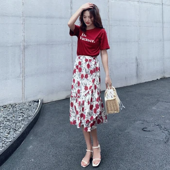 

Summer Women Sets Clothes Pullover O-neck Tops With Letters Mid-calf Print Rose Skirts Fashion 2 Piece Set Women Brief
