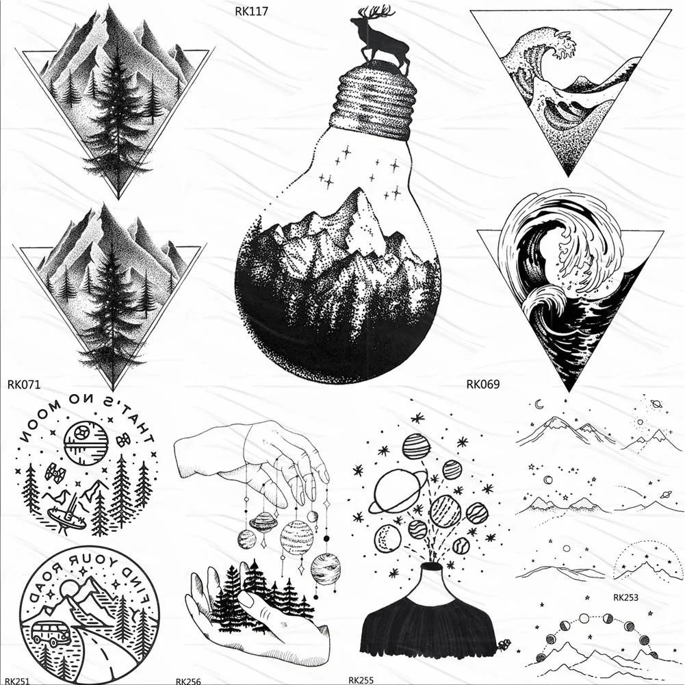 OMMGO Bulb Glass Mountain Pine Tree Временные татуировки наклейка треугольной волны