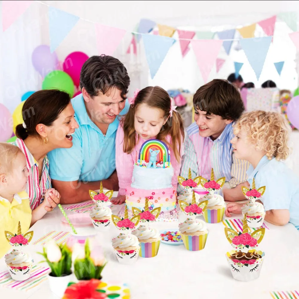 OurWarm 48 шт. Радужный Единорог торт, топперы, капкейки обертки для дня рождения украшения торта детский душ Единорог вечерние принадлежности