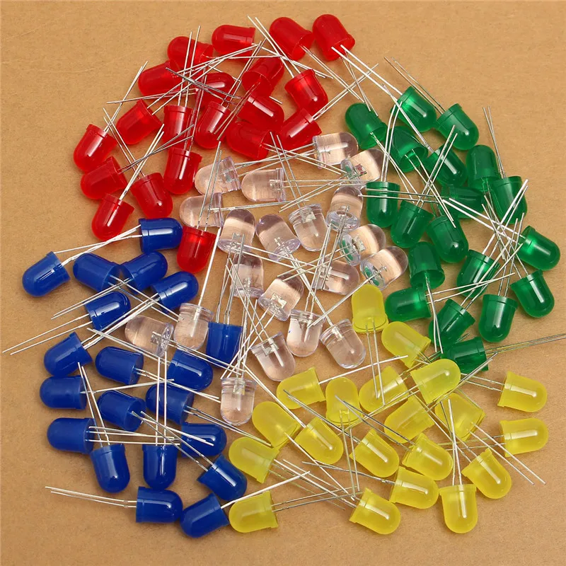 

100Pcs/lot 10mm 20mA Round Light Emitting LED Diode Assorted Kit DIY Set Blue Red Yellow Green White 5 Colors