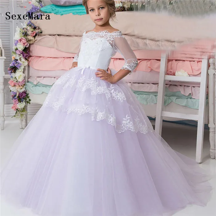 

2019 High Quality Customized Flower Girl Dresses For Weddings Off Shoulder White Lace Pageant Gowns Girls Communion Dresses