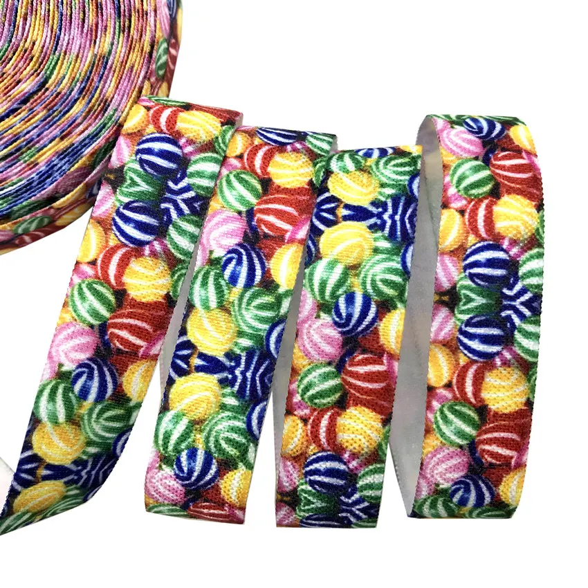 

10Y 16mm Colorful Candy Ball Printed Fold Over Elastic DIY Head Wear FOE Ribbon for Girls Bracelet Clothes Sewing Decoration