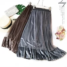 Весна, Новое поступление, плиссированная юбка для женщин, золотой бархат, комбинированная сетка, металлик, блестящая, Faldas Largas Elegantes, одежда