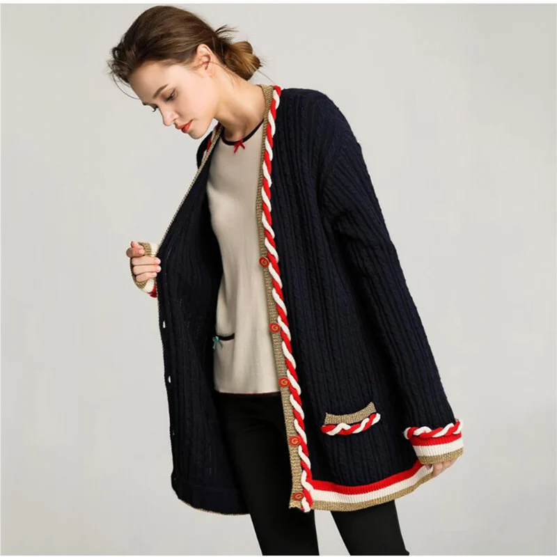 Autumn Women's Button Cardigan Sweater Brand Design Loose Casual Sweater coat Black Pocket Knit Cardigan Sweater Women