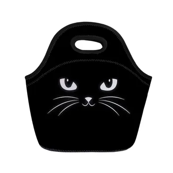 

ThiKin Black Meow Printed Lunch Bag Fashion Thermal Insulated Tote Student Picnic Lunch Bag Neoprene Handbag Pouch for Household