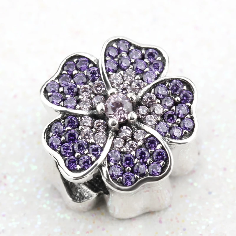 925 пробы серебряные свадебные мерцающий Лаванда поэтический цветет талисманы фиолетовый CZ европейский бисера Fit Браслет для женщи