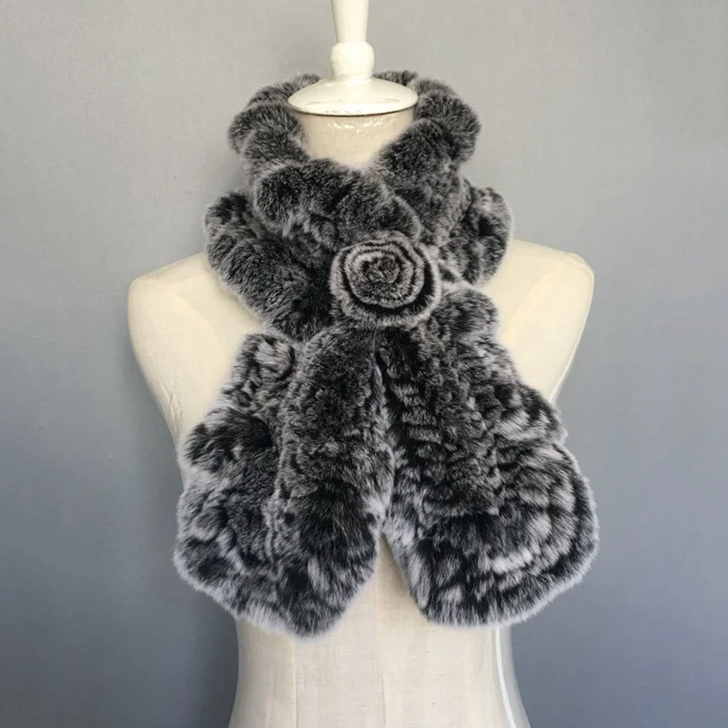 knitted rabbit fur scarf with flower (1)