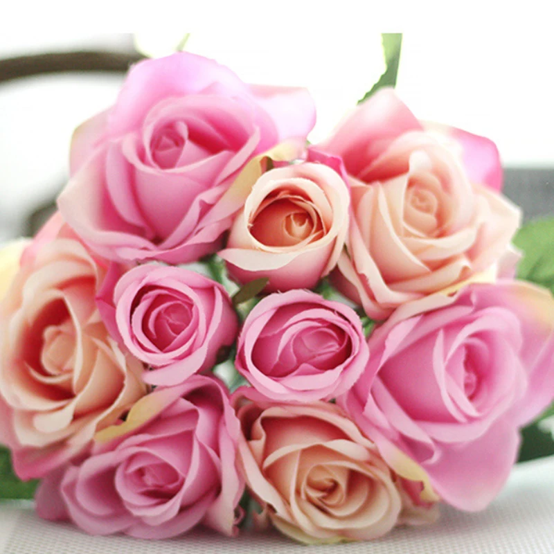 Красочные розы 6 шт голова+ 3 шт бутон Свадебный букет невесты шелковый декоративный цветок декор розы P20 - Цвет: A14