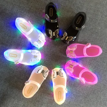 

2020 Mini Melissa LED Light 3D Butterfly Jelly Sandals New Girl Shoes Bow Princess Jelly Shoes Princess Melissa Sandals