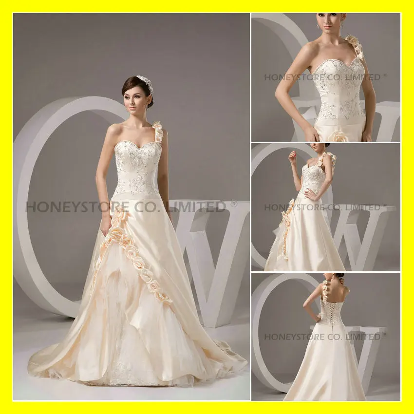 Wedding Dress Short Lace Dresses Satin Weddings A-Line Court Train Embroidery Sweetheart One Shoulder Sleeveless Dro 2015 Outlet |