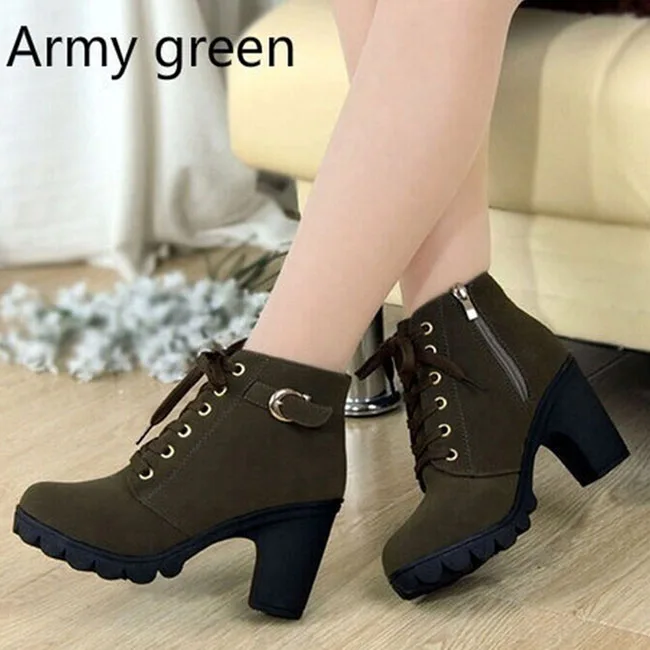 Новинка; сезон осень-зима; женские ботильоны; Высококачественная однотонная женская обувь на шнуровке в европейском стиле; модные ботинки из искусственной кожи на высоком каблуке - Цвет: ArmyGreen