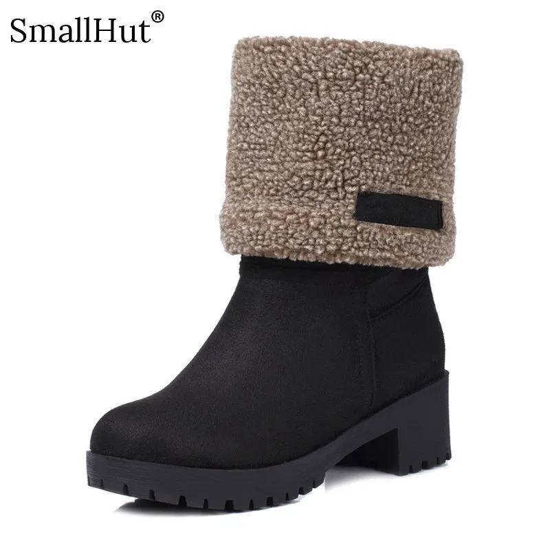 

Flock High Thick Heel Ankle Boots Women Winter Ladies Round Toe Shoes D070 Fashion Warm Woman Black Khaki Gray Platform Boots