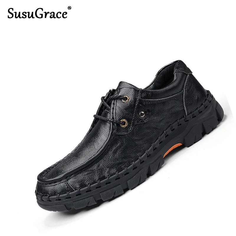 

susuGrace Luxury Men's Genuine leather Work shoes feet protective sneaker Antislip Leather dress shoes Quality flats plus