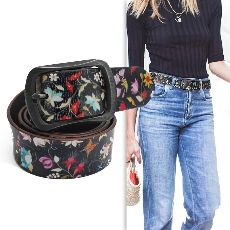 

Printed Belt Luxury Waist Wide High Quality Women Belt with Print Casual Cowskin Fashion Floral Waist Jeans Harajuku Belt