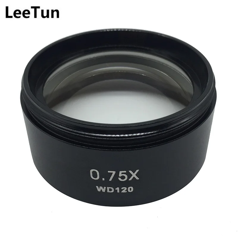 0.75X Barlow Auxiliary Objective Reduction Lens for Stereo Microscope with Working Distance 120 mm Mounting Thread M48 x 0.75 0.75X Barlow Auxiliary Objective Reduction Lens for Stereo Microscope with Working Distance 120 mm Mounting Thread M48 x 0.75