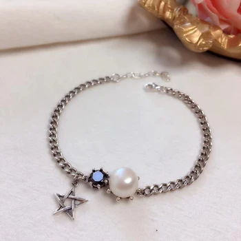 

Vintage Make Old Zircon 925 Sterling Silver Star Star Pearl Charm Chain Bracelet Wedding Jewelry Solid Silver Pearl Chain