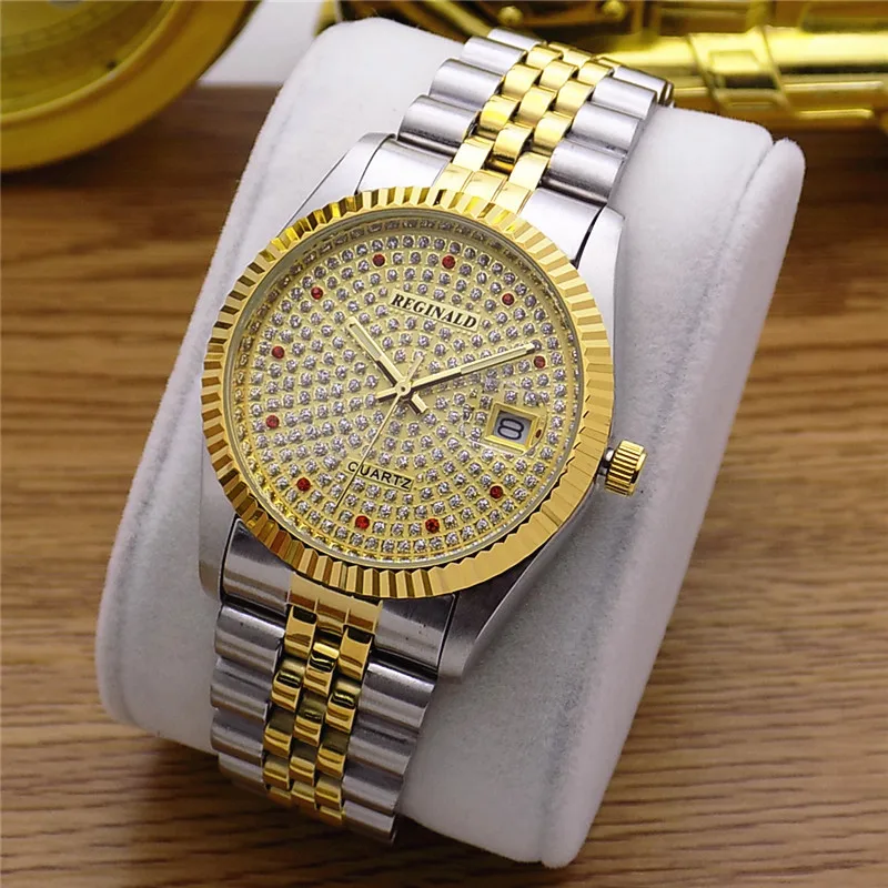 

Fashion Reginald Brand Woman Man Lovers Full Golden Luxury Steel Lady Watch Date Crystal Styles Women's Dress Clock Water Proof