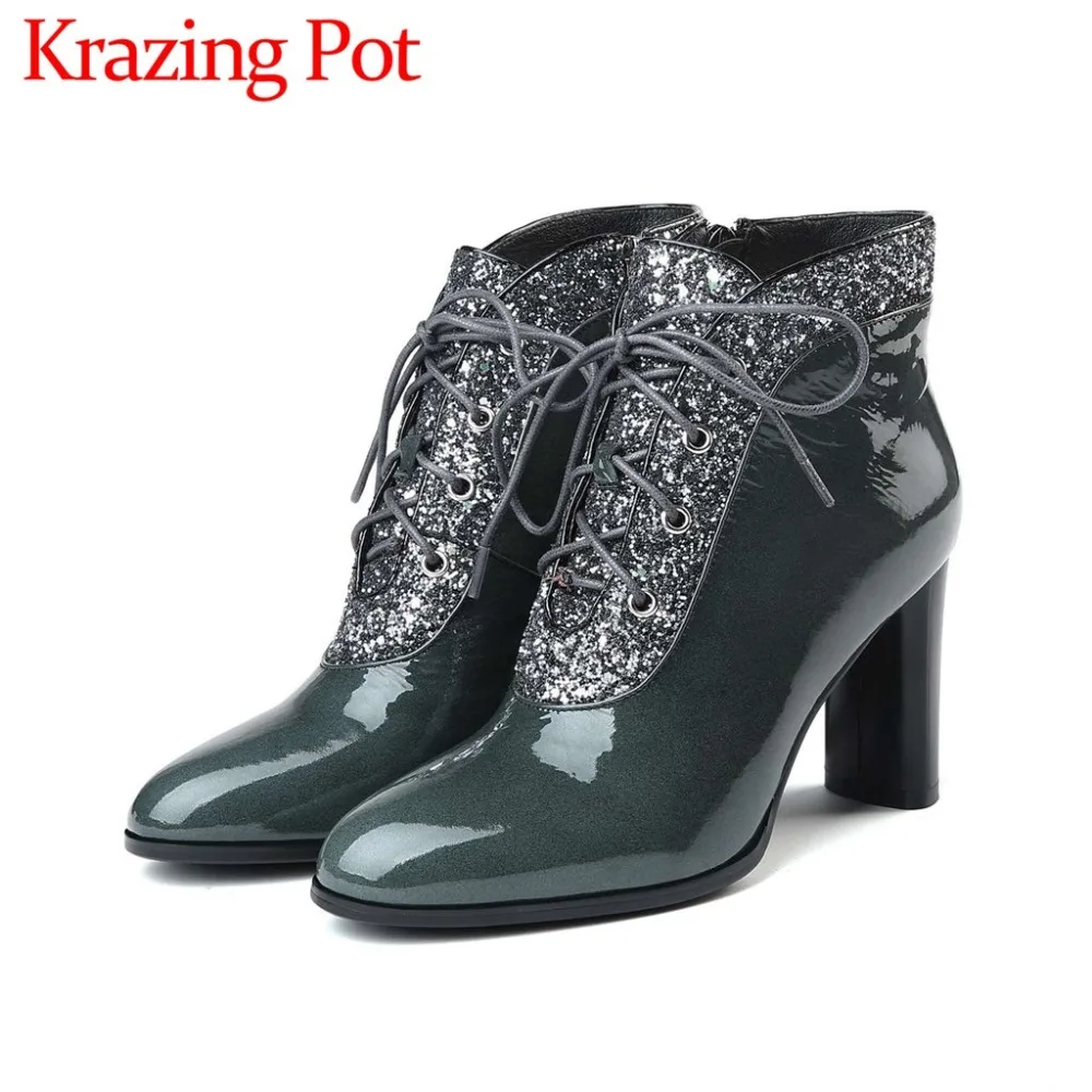 

2018 hot sale brand winter cow leather round toe high thick heel cross-tied supermodel new fashion zip big size ankle boots L9f6