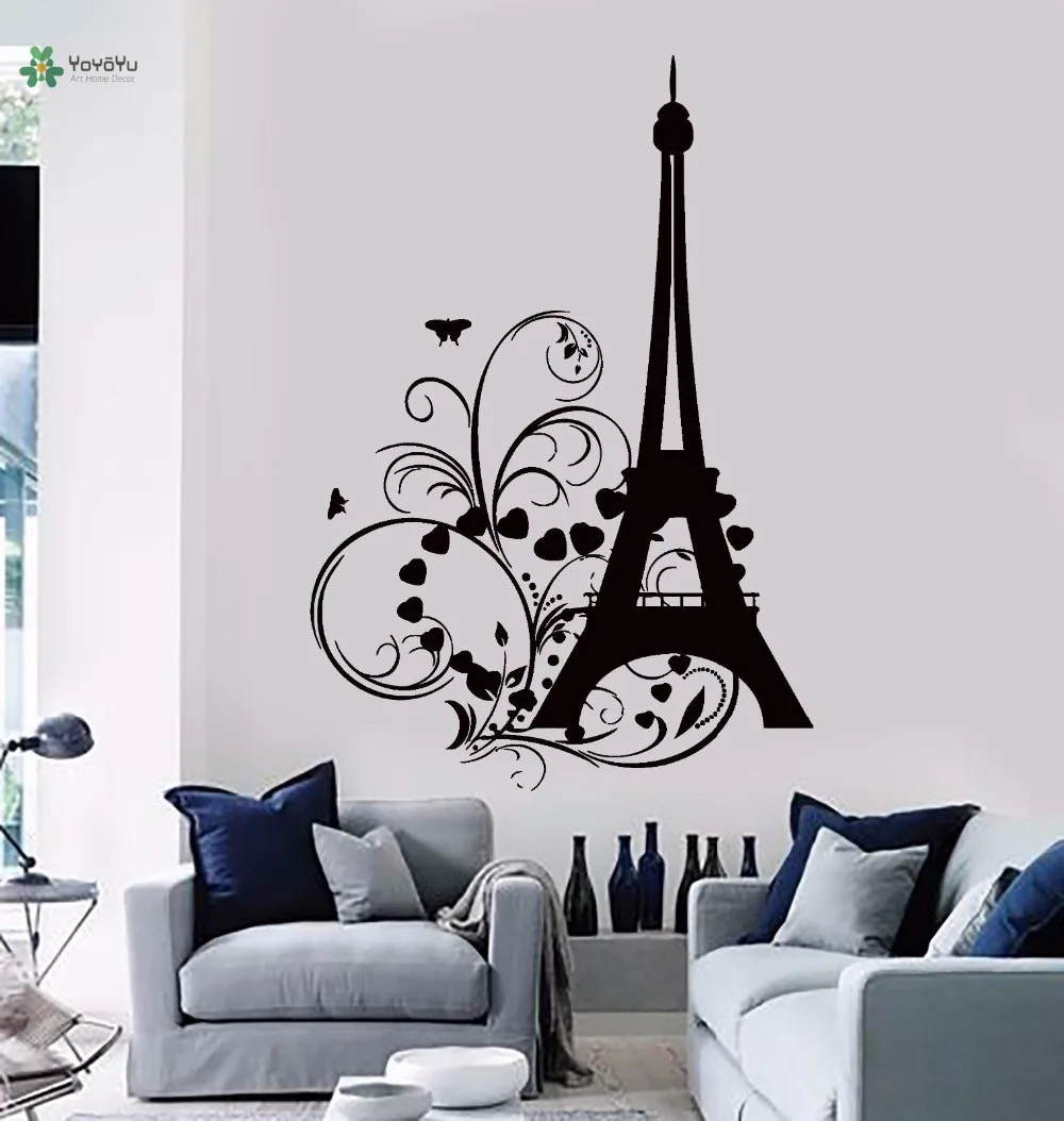 

YOYOYU Vinyl Wall Decal Eiffel Tower Hearts And Flowers Romantic Beautiful Living Room Home Decoration Stickers FD099