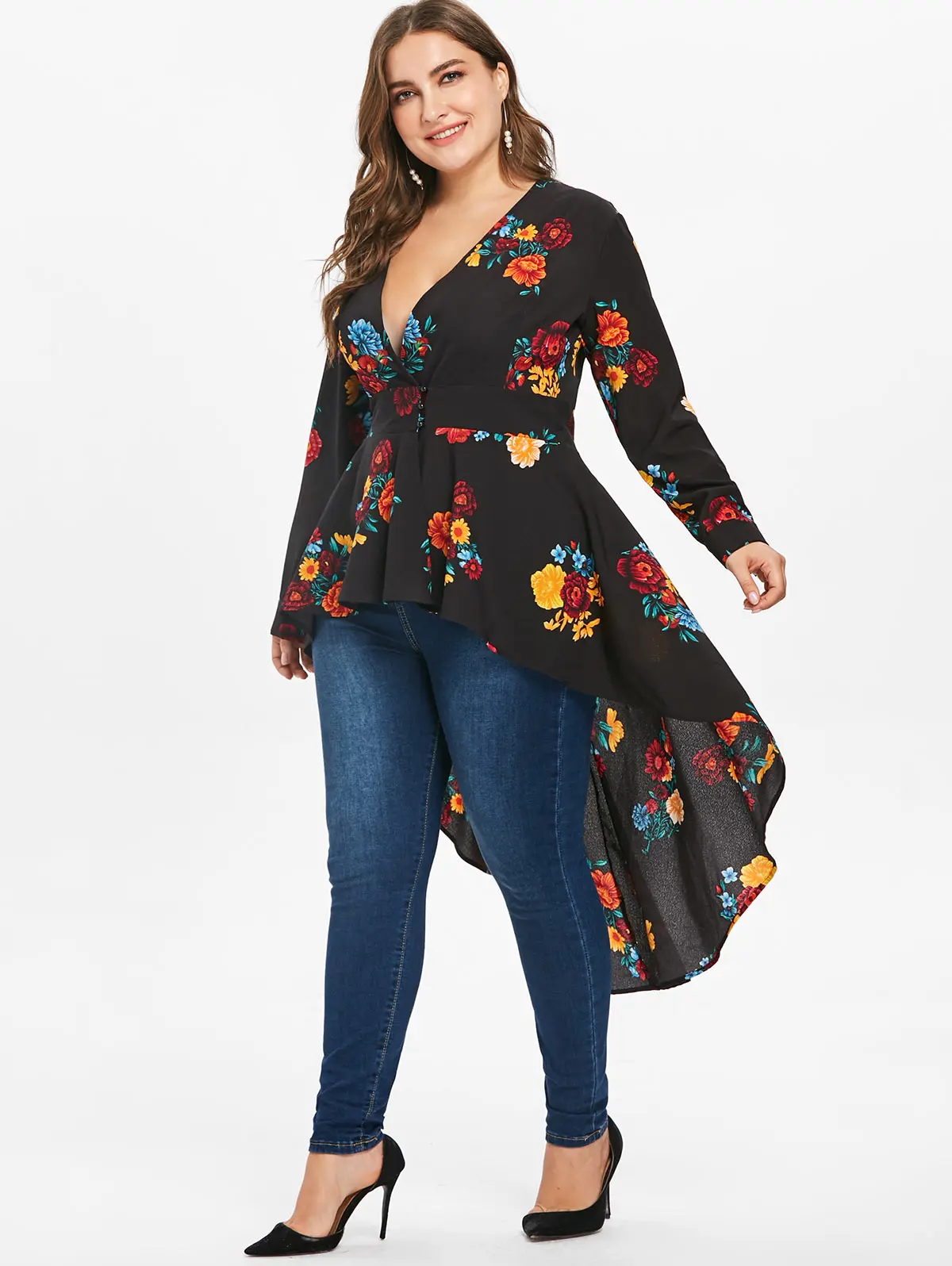 Wipalo Женская блуза с глубоким декольте и цветочным принтом, сексуальный v-образный вырез, туника с длинным рукавом и завышенной талией, большой размер, длинная сзади и коротка спереди рубашка-туника