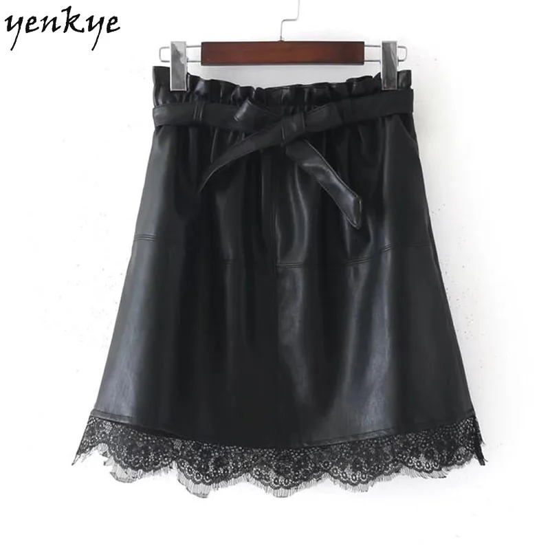 European Style Hem Lace Faux Leather Skirt Women With Belt Elastic High