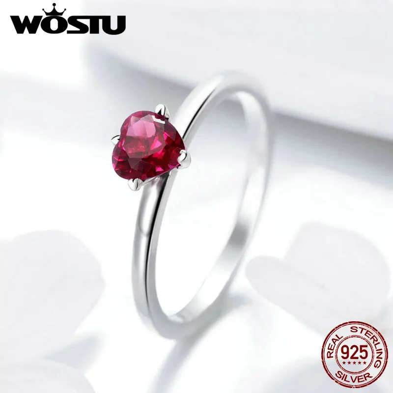 

WOSTU Authentic 925 Sterling Silver Red Heart CZ Stone Ring for Women Lover Luxury Brand Wedding Engagement Jewelry Gift FIR389