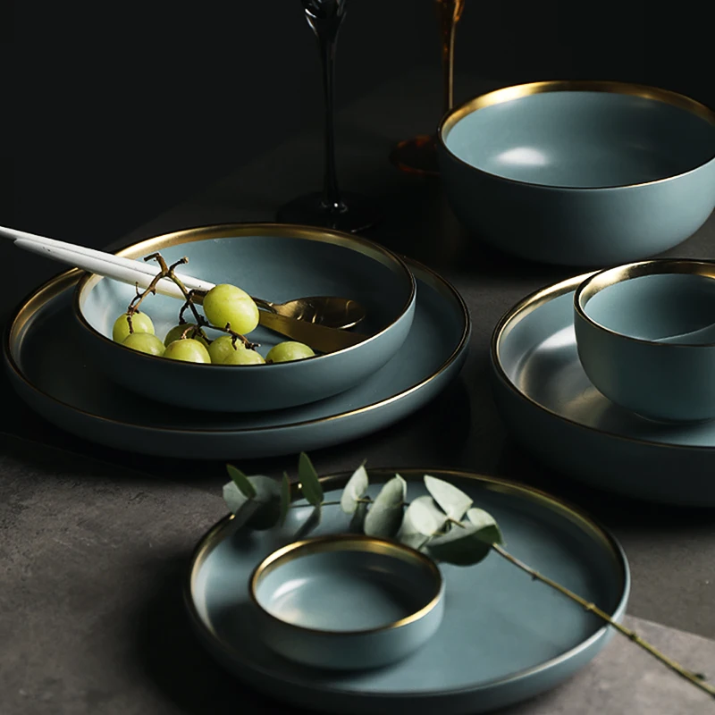 KINGLANG 2 или 4 или 6 человек набор тарелок с золотым краем керамический набор посуды синий золотой керамический набор посуды