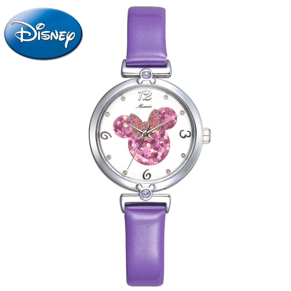 

New Ladies Fashion Color Violet Purple Disney Best Quality Luxury Bling Rhinestone Girls Leather Watch Women Minnie Quartz Clock