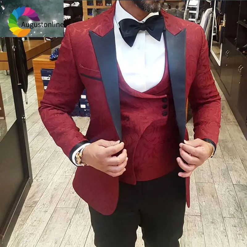 

Elegant Burgundy Pattern Floral Men Suit Black Peaked Lapel (Jakcet+Pants+Vest) 3 Pieces Slim Fit Formal Groomsmen Grooms Tuxedo