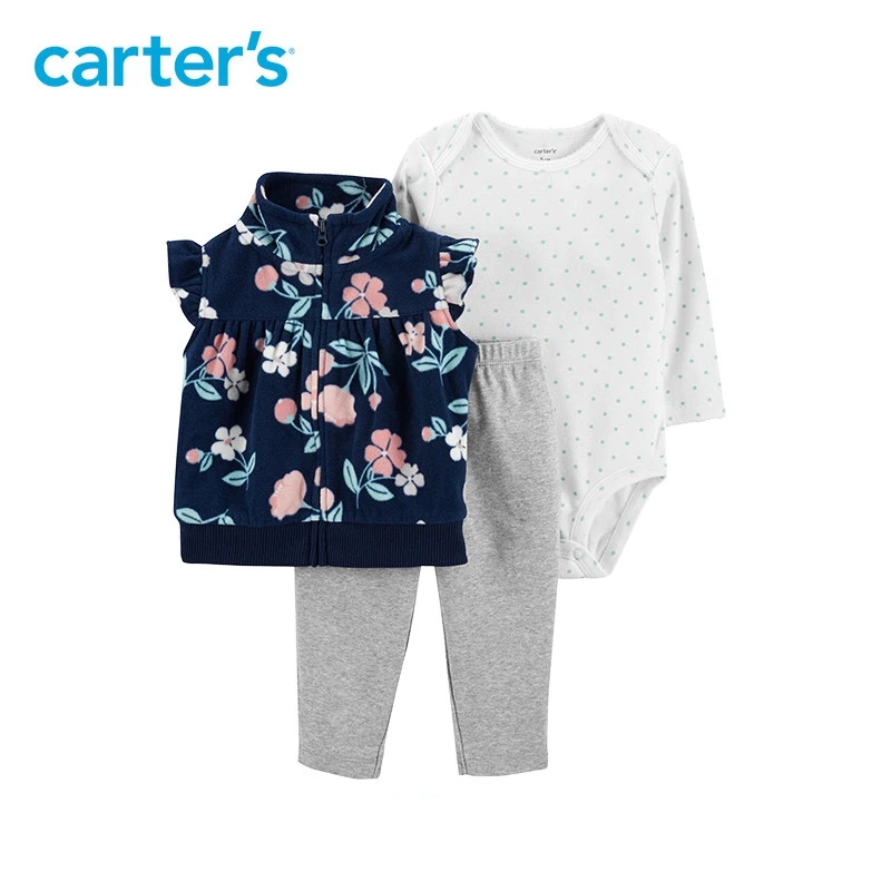 

3pcs polka dots bodysuit easy-onpants Flutter floral fleece vest set Carter's baby girl spring autumn clothing 121I890