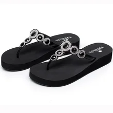 Женские Вьетнамки; высококачественные шлепанцы на плоской подошве со стразами; пляжная обувь; Босоножки на платформе с каблуком 3,5 см и кристаллами; повседневная обувь