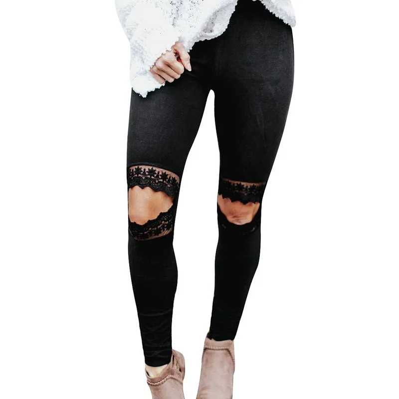 

NIBESSER Leggings Women Fitness Knee Cut Out Embroidered Mesh Insert Leggins 2019 Black Contrast Lace Workout Leggings Trousers