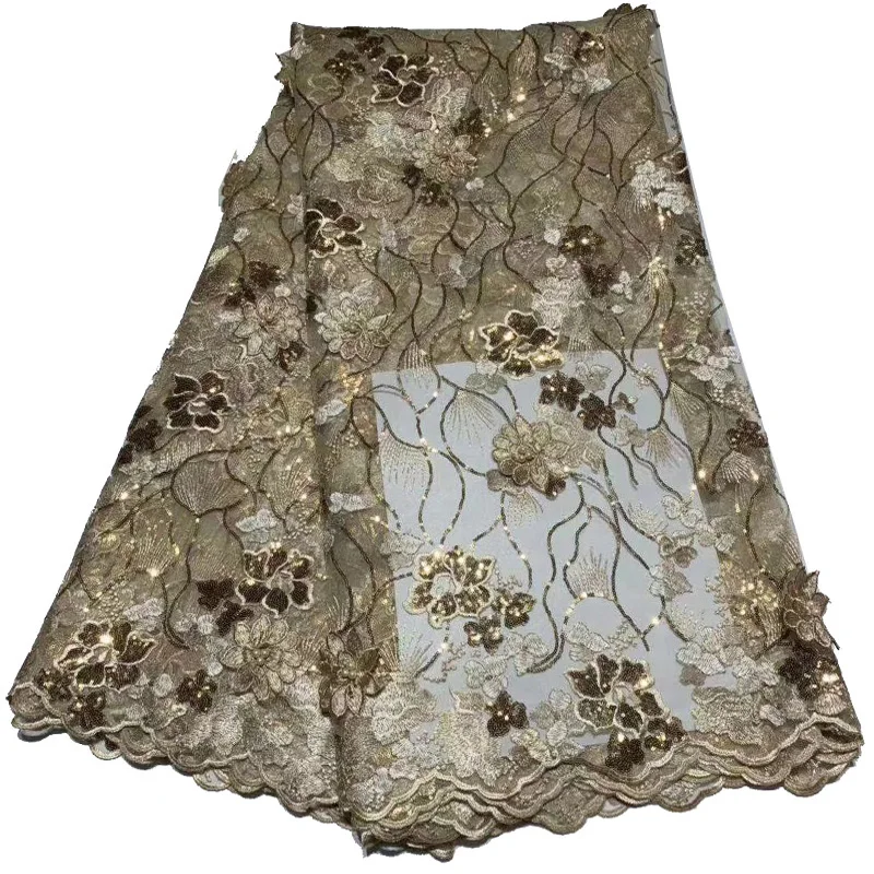 

Free shipping (5yards/pc) fancy gold African party lace fabric sequins embroidered French net lace with 3Df lowers beads FAL006