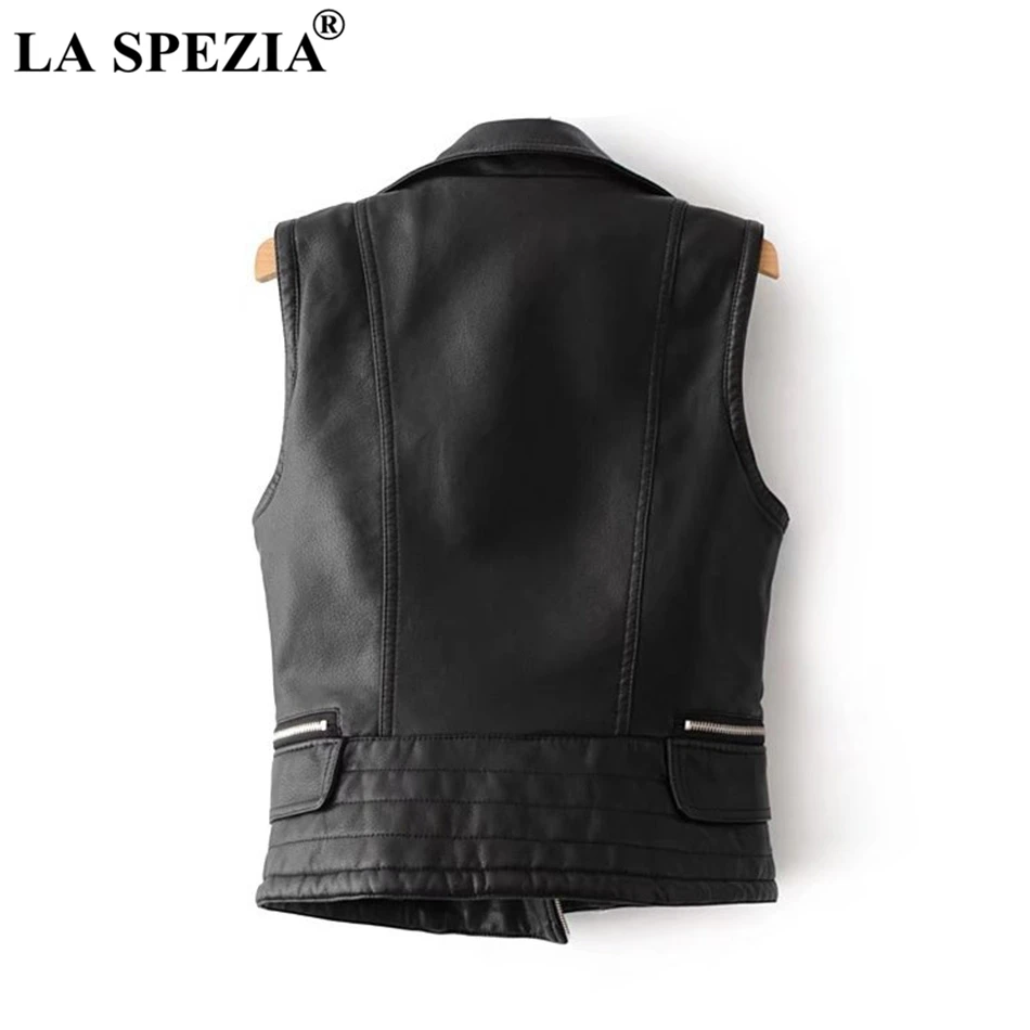 LA SPEZIA Black Waistcoat Women Biker Punk Vest Female Zipper Pockets Faux Leather Slim Fit Motorcycle Autumn Sleeveless Jacket