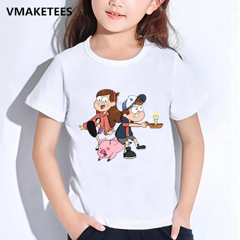 Для детей, на лето для мальчиков и девочек; футболки с рисунком Gravity Falls Гравити Фолз-чашечки сосна с рисунками героев мультфильма Детская футболка забавная одежда для малышей футболка, HKP2415