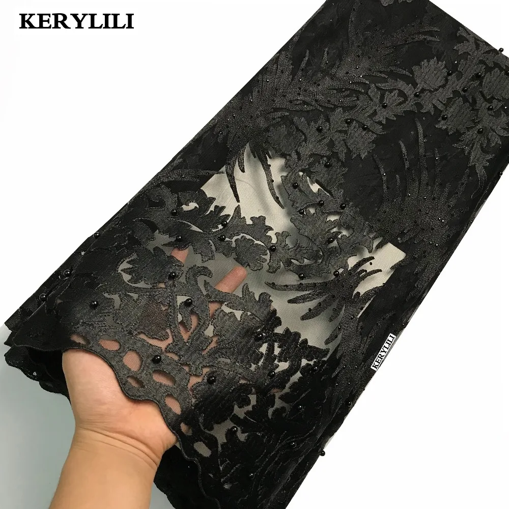 

KER YLILI Black Lace Fabric French Lace Fabric With Stones Nigerian Swiss Net Lace Beads Sewing Material Party Dresses KRL-27480