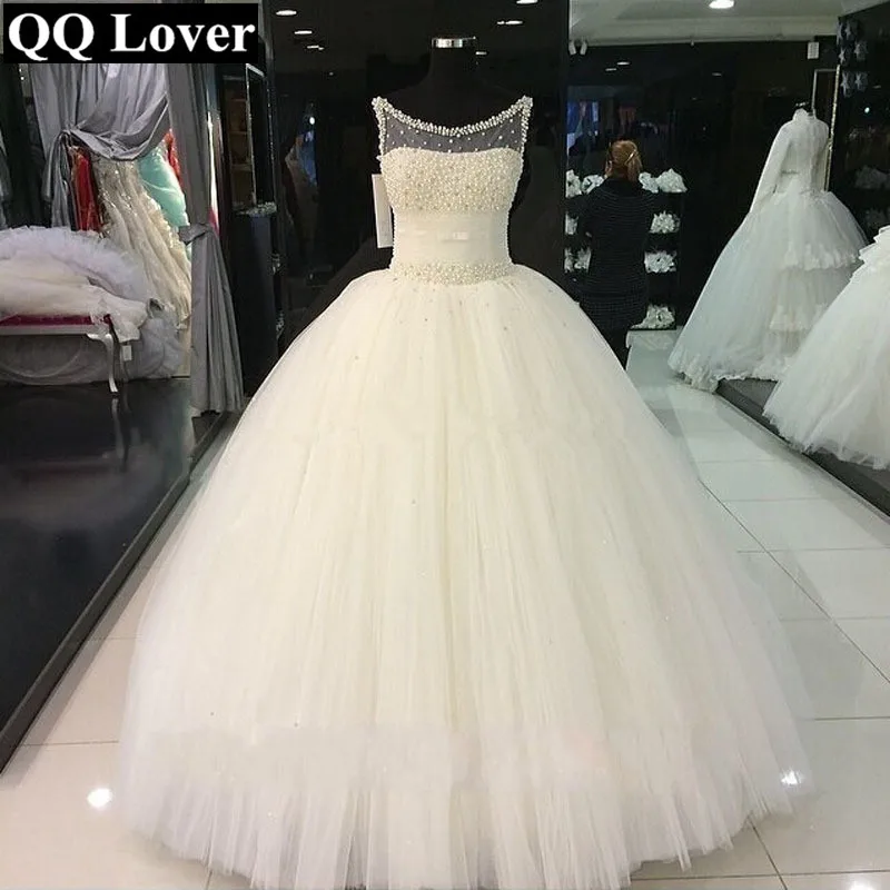 

QQ Lover 2019 Latest African Ball Gown Wedding Dress Pearls Beaded Plus Size Bridal Gown Vestido De Noiva