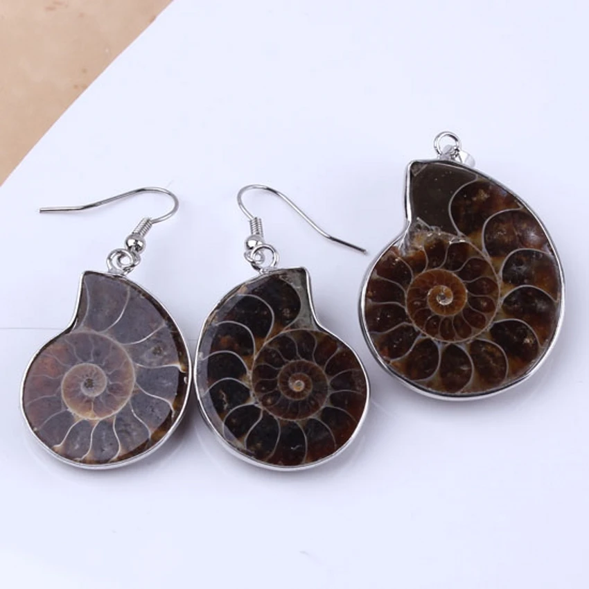 

Kraft-beads Popular Silver Plated Natural Ammonite Reliquiae Pendant Ammonite Earrings Fashion Jewelry Sets