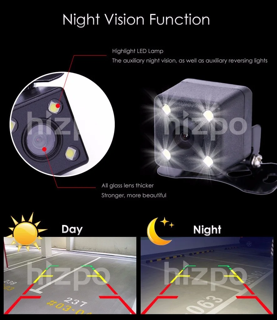 

Hizpo High Definition Color Wide Viewing Angle Universal Waterproof Car Rear View License Plate Backup Camera with 7 Infrared Ni