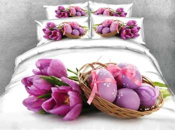 

JF-052 Easter Eggs and tulip print bedding sets full king size bed sheet set