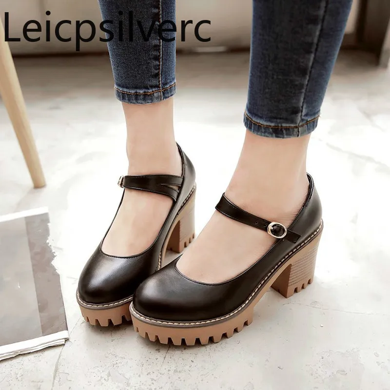 Pumps Spring and autumn The New fashion Round head Shallow mouth Buckle Thick heel High Women's shoes plus size 33-43 | Обувь