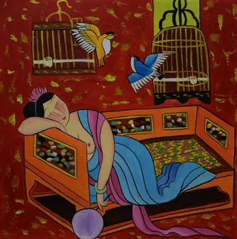 

Hand Painted Abstract Cartoon Oil Painting Chinese Style Figure Painting Wall Picture Painting for Living Room Canvas Painting