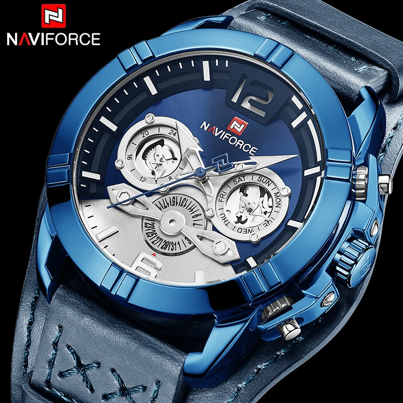 Naviforce мужские часы кожаные армейские военные Ретро стимпанк спортивные