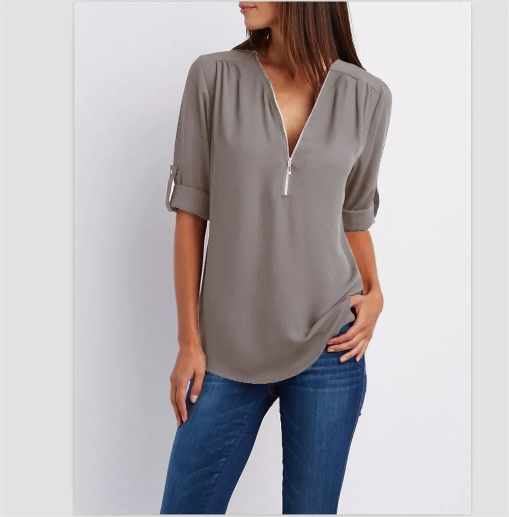 5XL размера плюс, шифоновая женская футболка, сексуальная, на молнии, с v-образным вырезом, с длинным рукавом, топы, весна-лето, повседневная, свободная, женская футболка, Топ - Цвет: 6186 Gray