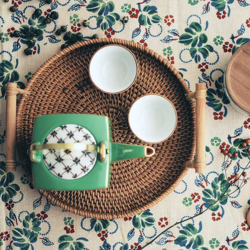 Ротанговая корзинка под хлеб круглвя плетеная поднос для чая с ручками для сервировки обеденных вечеринок кофе завтрака(8,7 дюймов