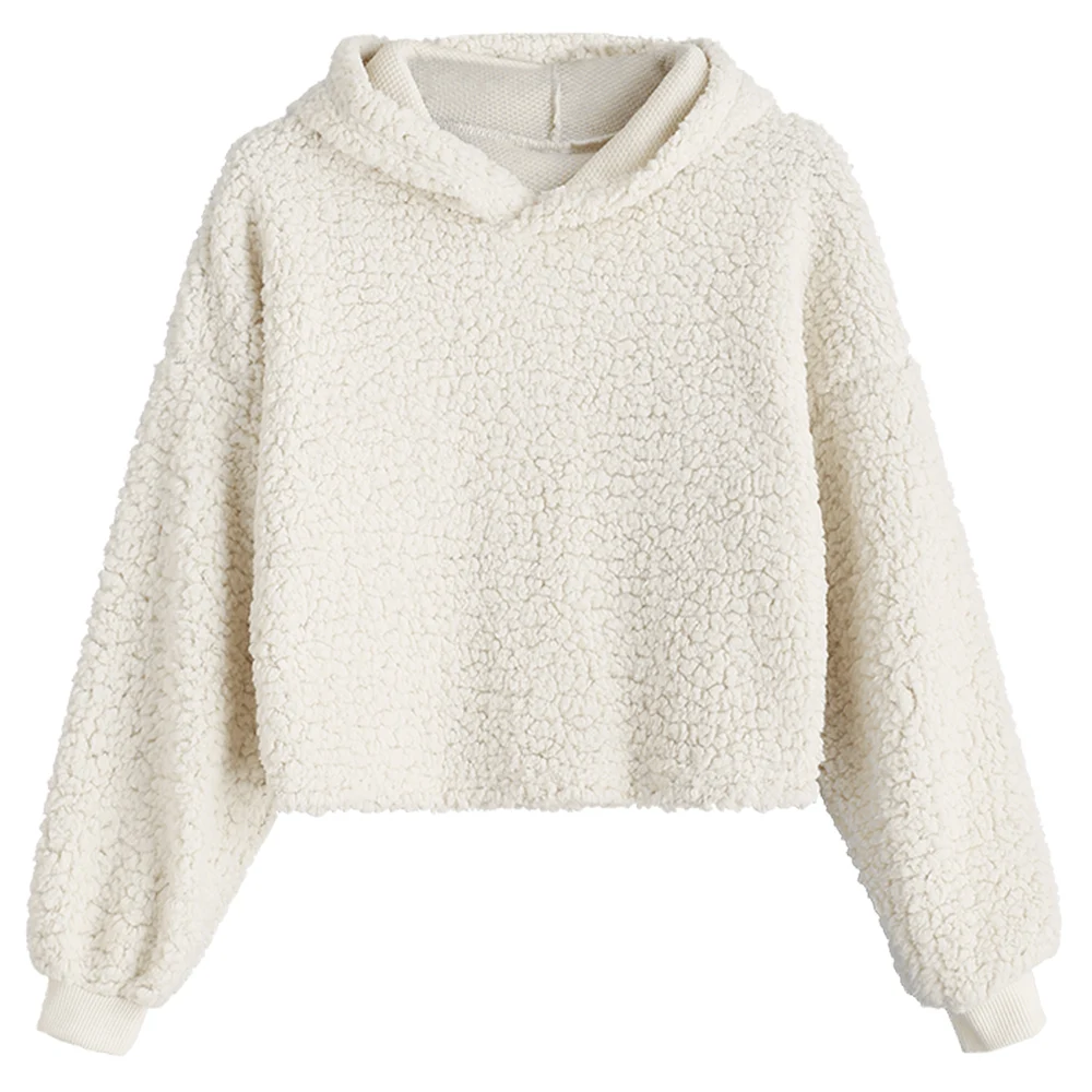 

ZAFUL Women Fuzzy Fluffy Hoodie Solid Teddy Short Pullover Drop Shoulder Sweatshirt Crop Top Long Sleeve Casual Hooded