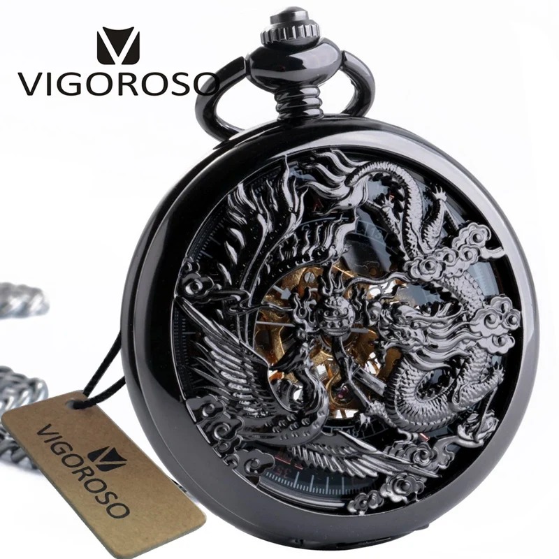 Vente Vintage Classique Steampunk Squelette Noir Alliage Chinses Flying Dragon Phoenix Mécanique Main Vent Montre De Poche FOB Chaîne Horloge