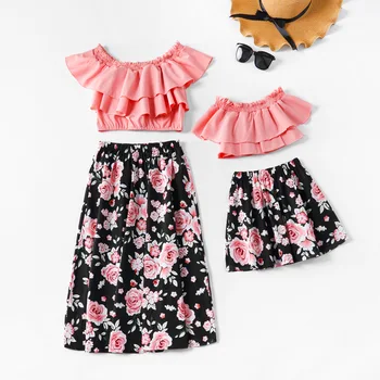 

family look beach mother daughter dresses ruffled floral 2pcs mommy and me matching clothes set mom mum and baby dress outfits