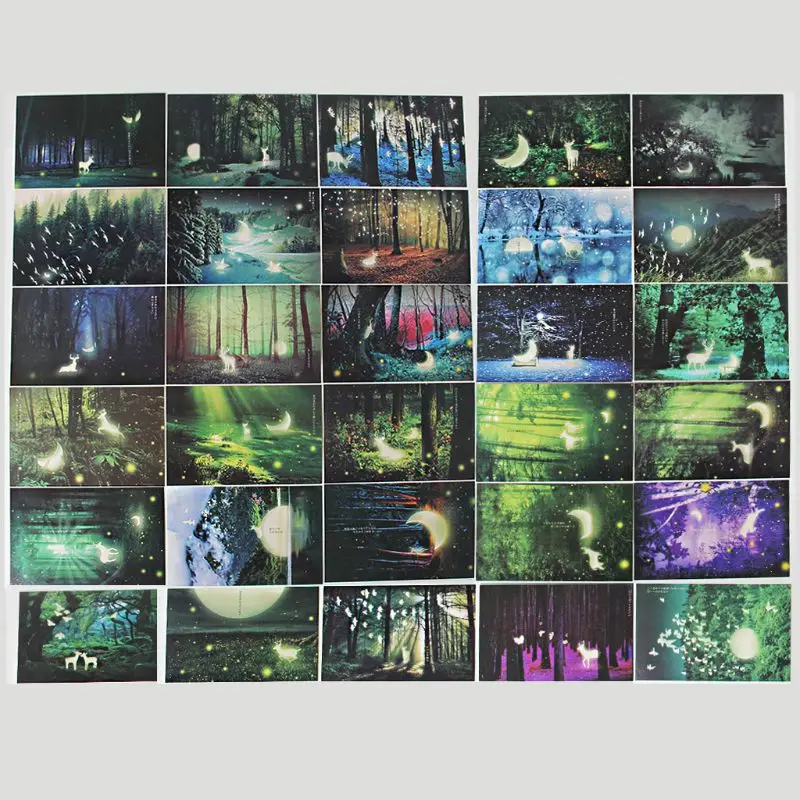 

30pcs Vintage Luminous Postcard Glow In The Dark Forest Streamer Animal Greeting Post Card Novelty Xmas Greeting Cards Gift